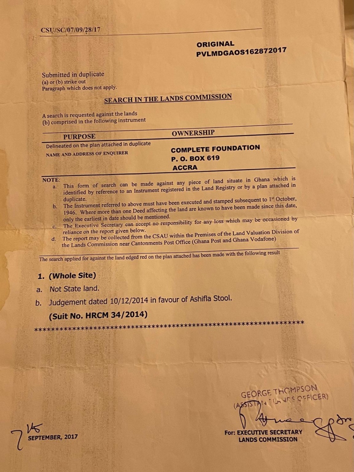 Lands Commission Search result confirming ownership in favour of Ashifla Stool